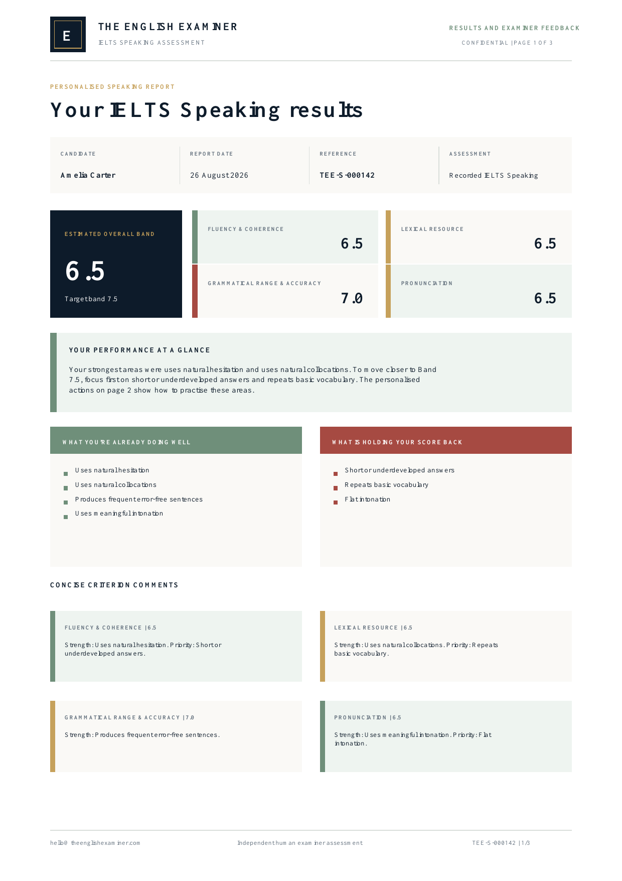 Page one of the speaking feedback report